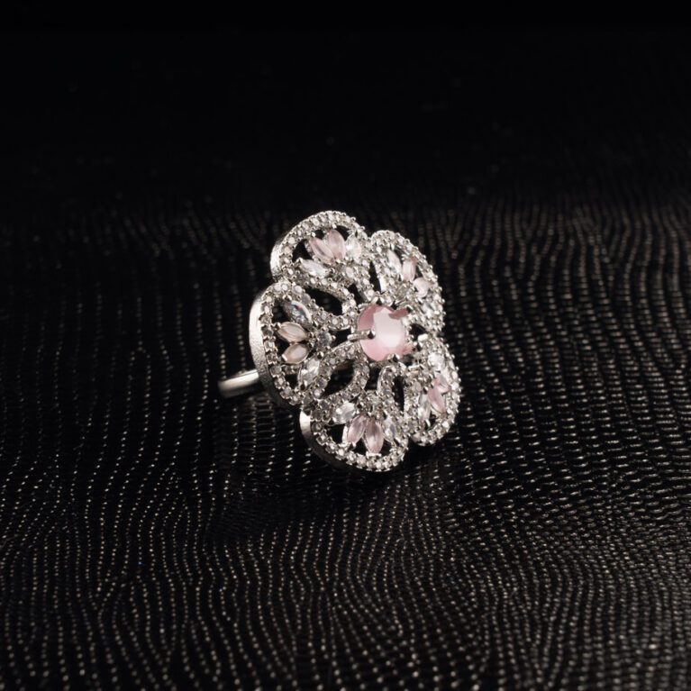 Rose pink crystals on White Gold Floral AD ring