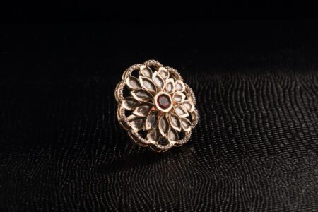 Rose Red Stone on Golden Kundan Ring with AD