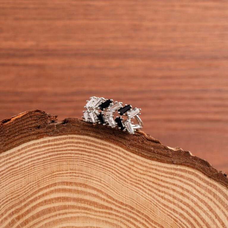 White Gold AD ring with Tiny Black Crystals Minimal and High Gently