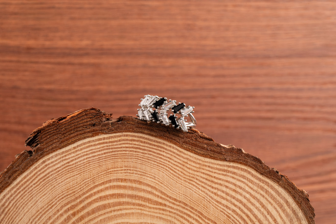 White Gold AD ring with Tiny Black Crystals Minimal and High Gently
