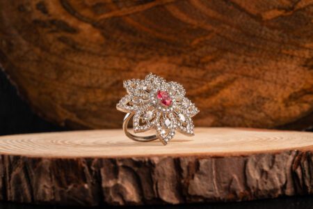 Star Flower White Gold AD ring with Wine Stone Embellished