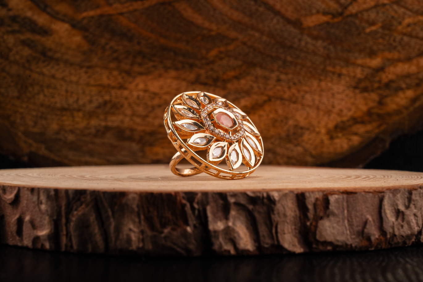 Rose Pink Stone on Golden Kundan Ring