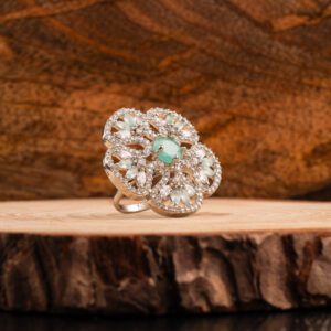 Mint Green crystals on White Gold Floral AD ring