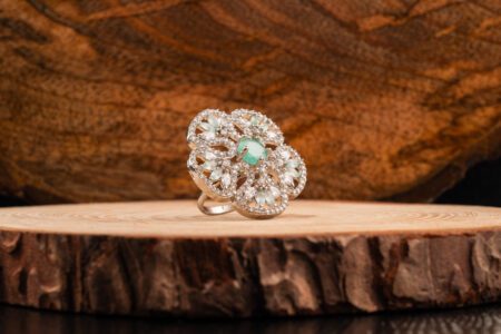 Mint Green crystals on White Gold Floral AD ring