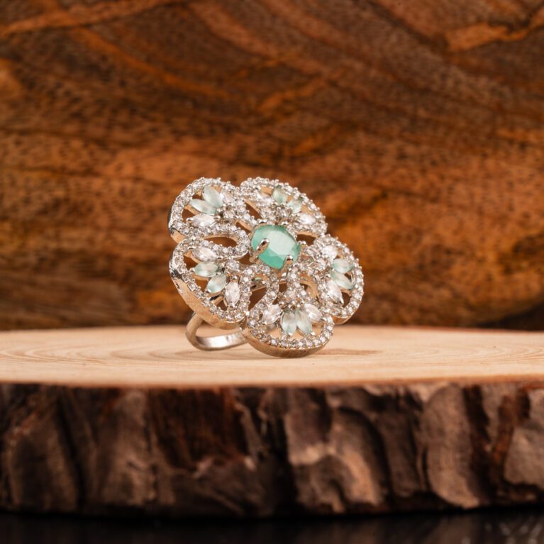 Mint Green crystals on White Gold Floral AD ring