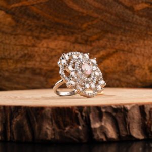 Sparkling Rose Pink AD White Gold Adjustable Ring