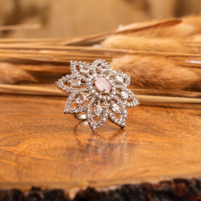 Sparkling AD Ring Flower Design with Baby Pink Stone