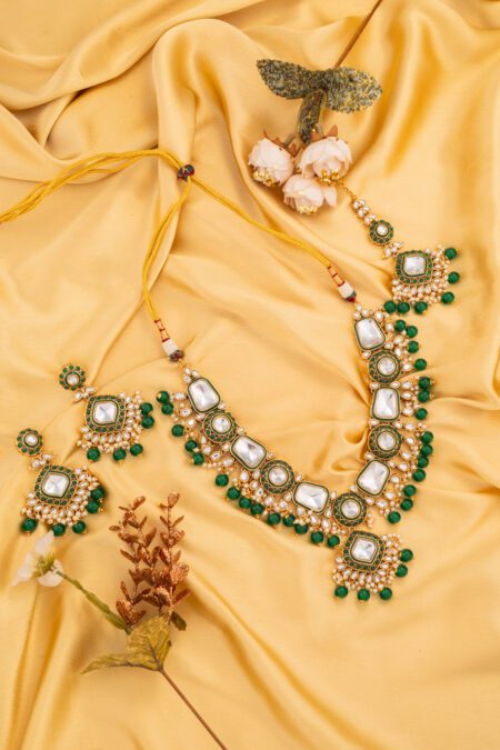 Green Beads with Kundan on Gold base designed for every Ethnic wear