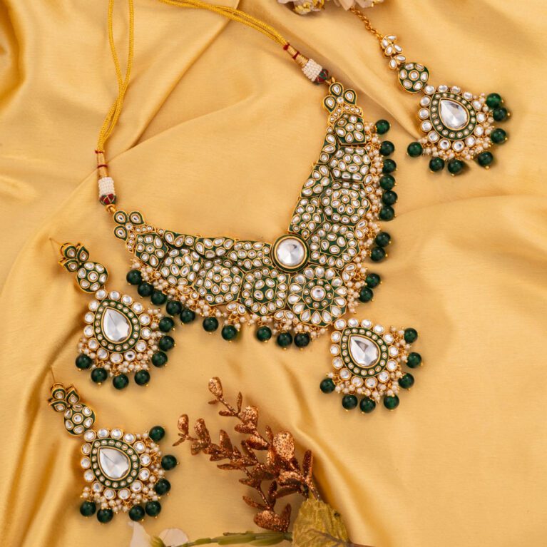Green Pearls with Kundan set on Gold polish and Green Meena