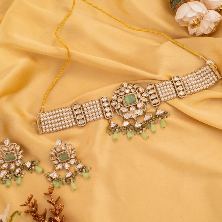 Chokr with Mint Green Stone Embellished with Pearls on Gold Base