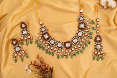 Parrot Green Beads on Multicolor base with Gold polish suits with all dress type