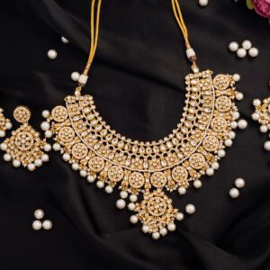 White Pearls with Kundan Beads on Gold polish