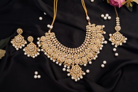 White Pearls with Kundan Beads on Gold polish