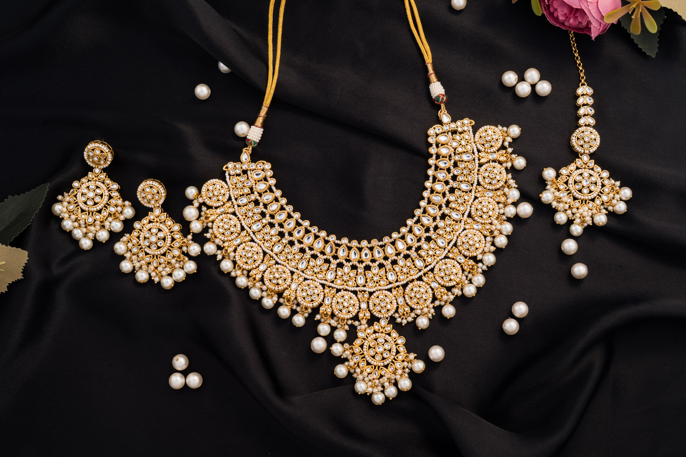 White Pearls with Kundan Beads on Gold polish