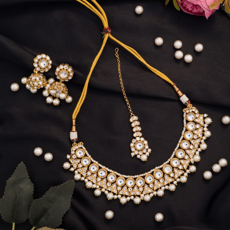 White Pearl with Gold Polish Necklace and Jhumki set