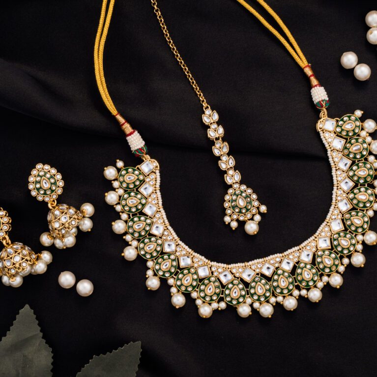 White Kundan and Pearl set with Crystals