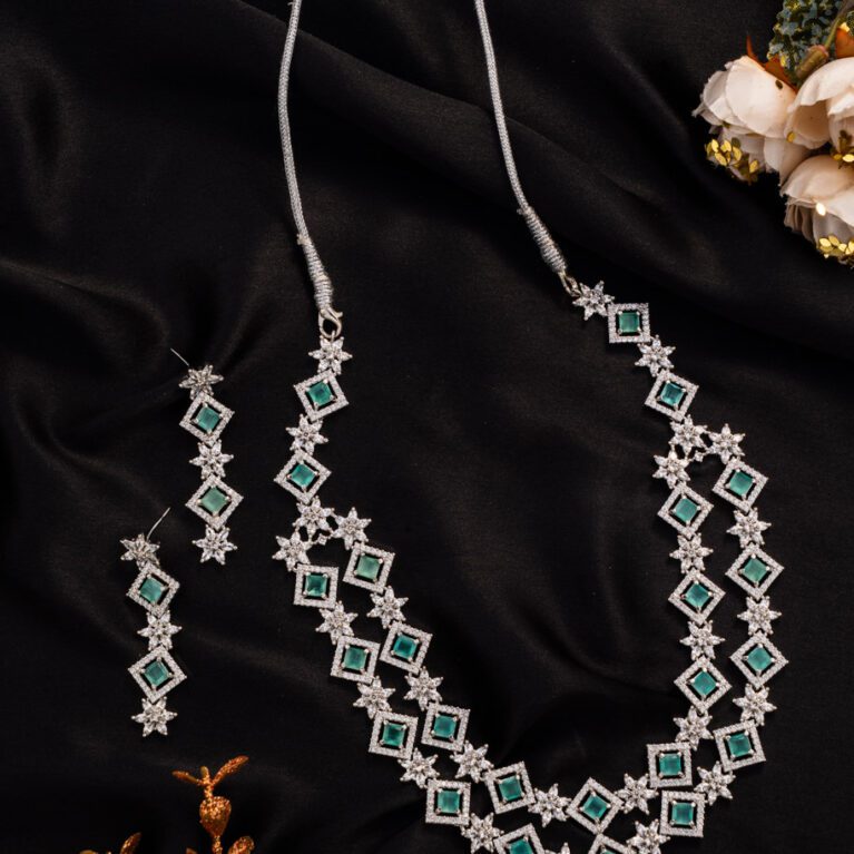 Aqua Blue Square Crystal with Double Chain AD concept on White Gold