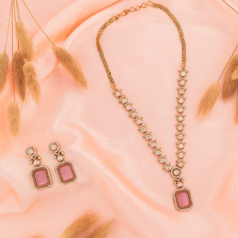 Rose Pink Moisannite on Gold Kundan String Concept