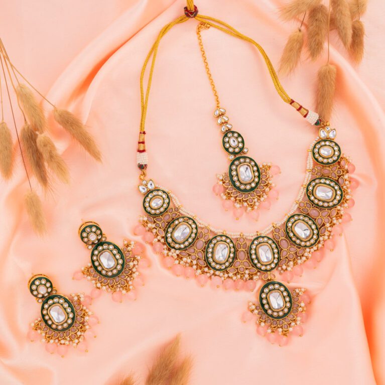 Pink-White Kundan and Beads on Golden Base Necklace