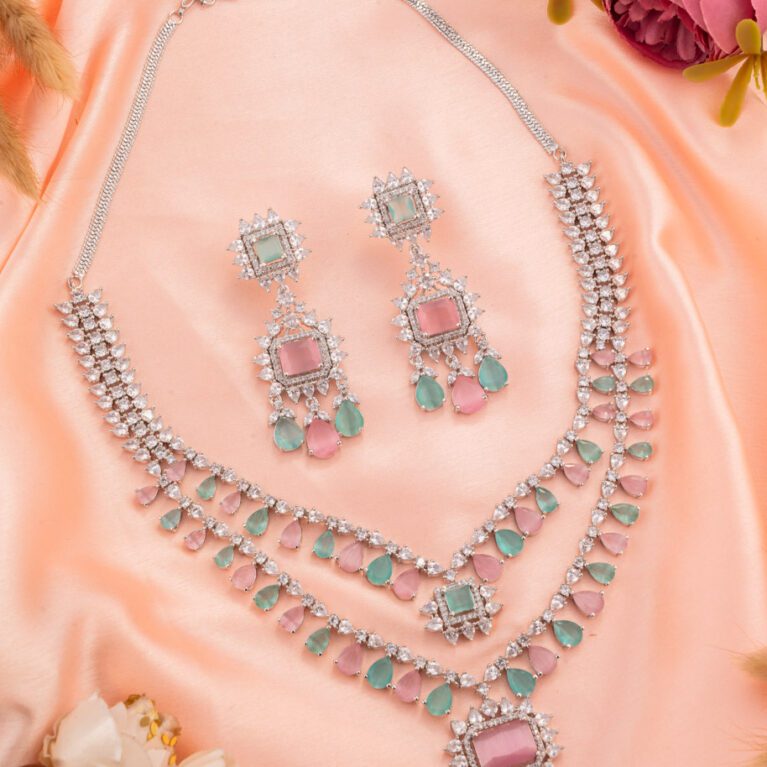 Mint and Pink White Gold Double Chain Necklace set