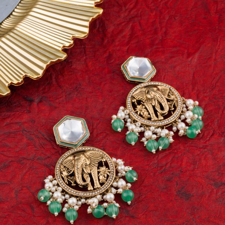 Kundan Engraved Elephant Carved Green Pearls Earrings Set