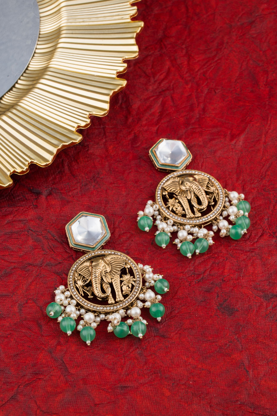 Kundan Engraved Elephant Carved Green Pearls Earrings Set
