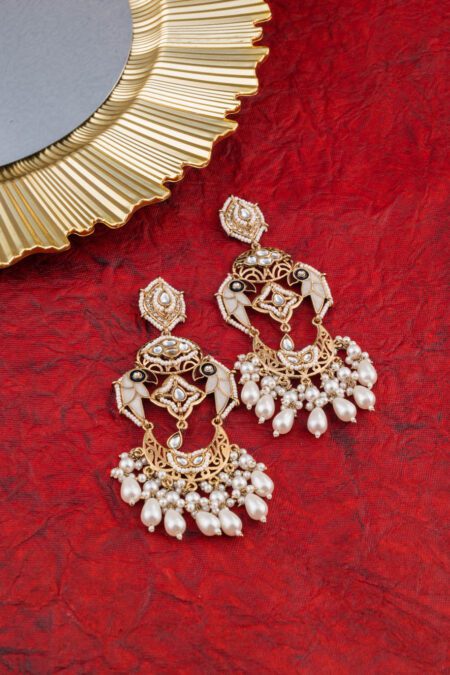 White Meena and Hanging Beads on Gold Earings set