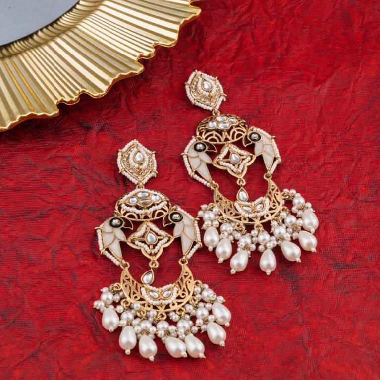 White Meena and Hanging Beads on Gold Earings set