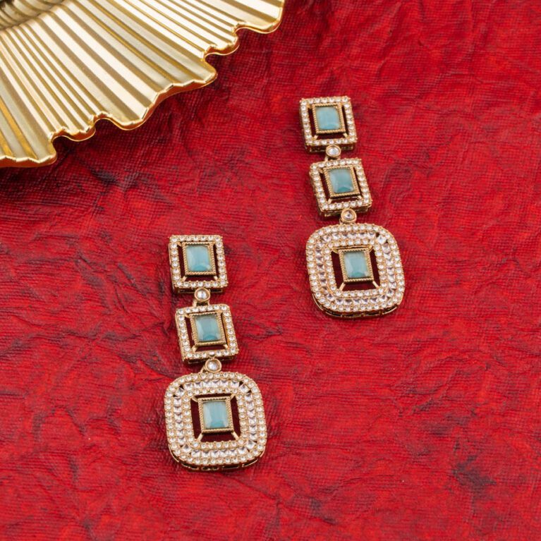 Aqua Crystals with AD and Square Gold Base Earrings Set