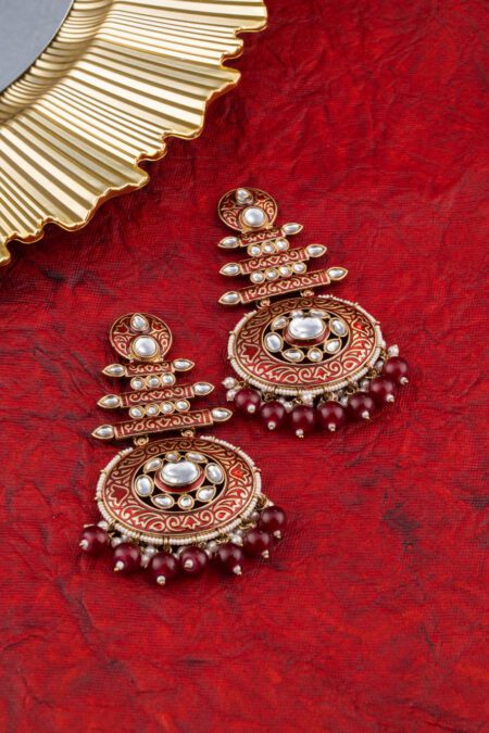 Maroon Beads on Antique Kundan Gold Earings set