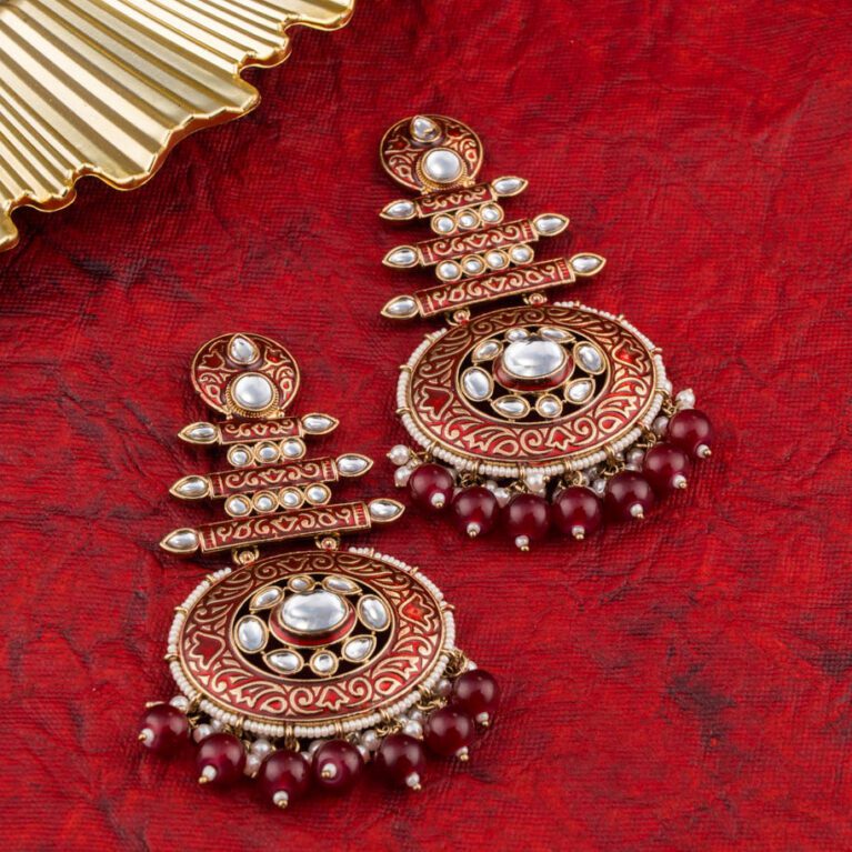 Maroon Beads on Antique Kundan Gold Earings set