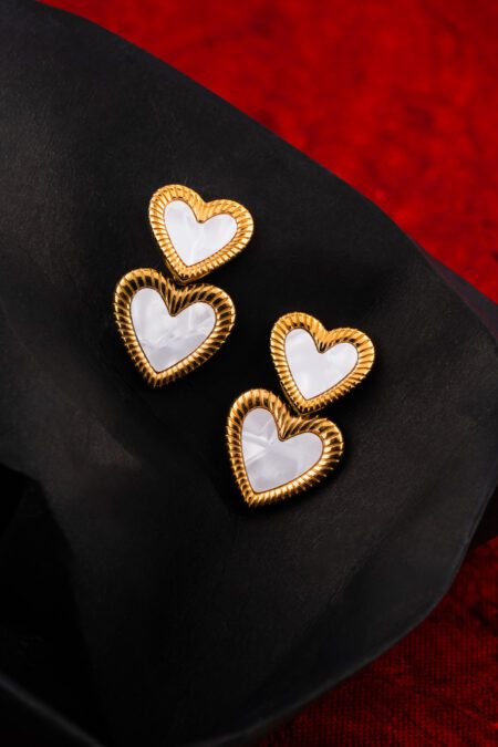 Golden White Heart on Heart Earings