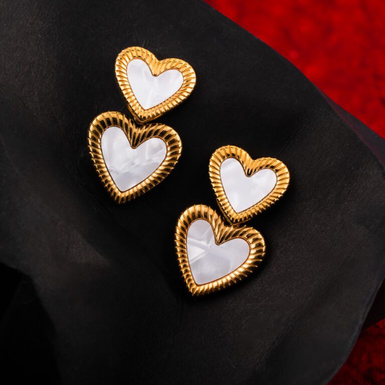 Golden White Heart on Heart Earings