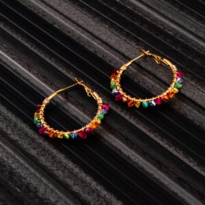 Colorful Beads on Gold Round Earings