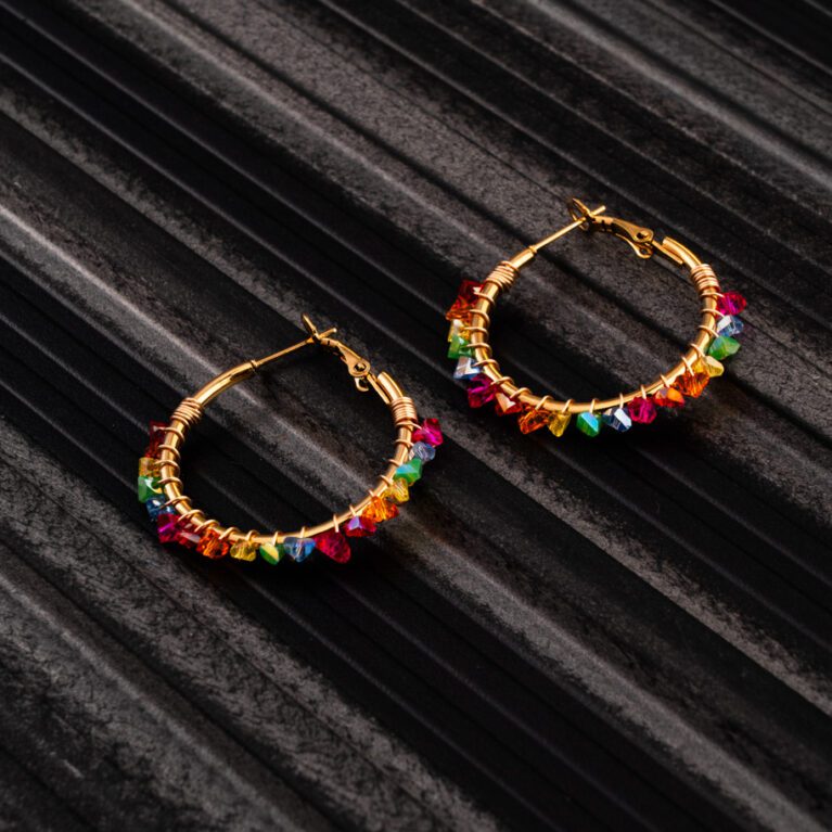 Colorful Beads on Gold Round Earings
