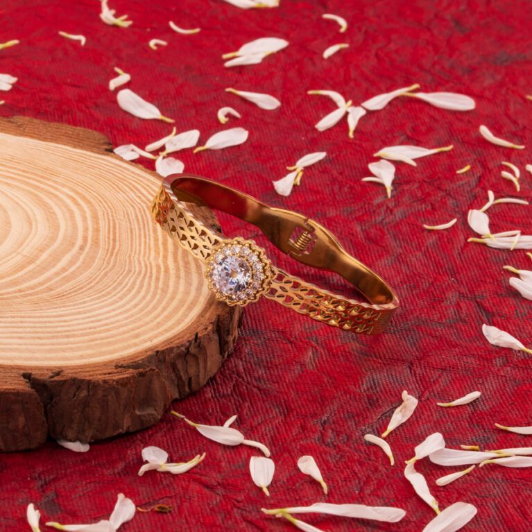 Engraved Golden Bracelet with Crystal