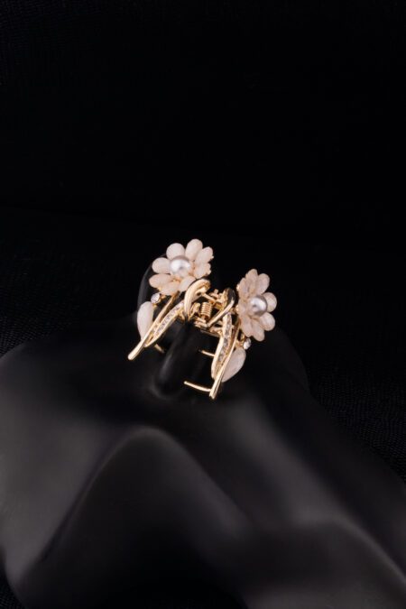 White Colored Pearl Flower embedded Golden Clutcher