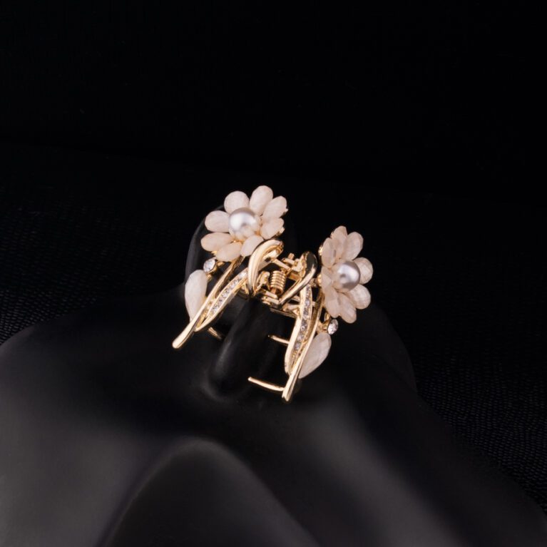 White Colored Pearl Flower embedded Golden Clutcher