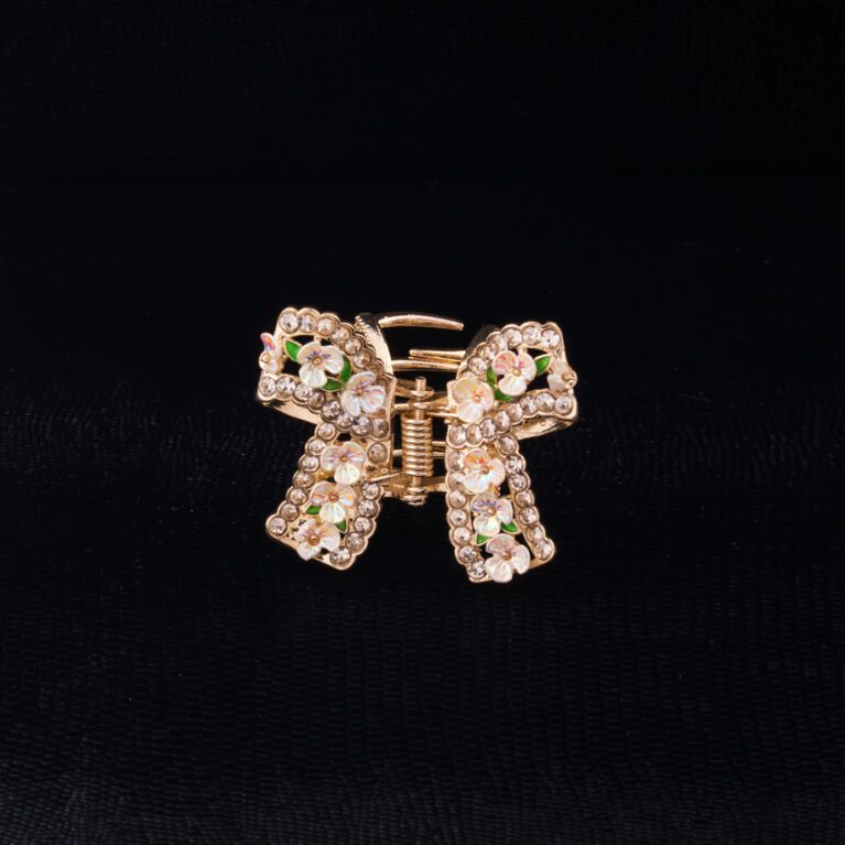 Bow design Flower embedded Clutcher Golden