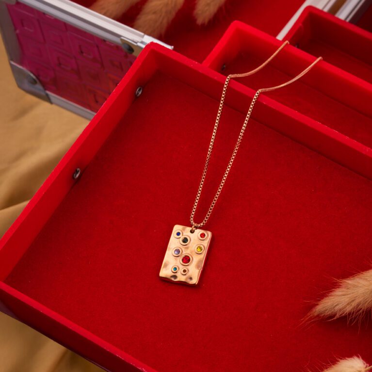 Minimal Designer Gold Necklace with Multicolor Crystals On Gold pendant