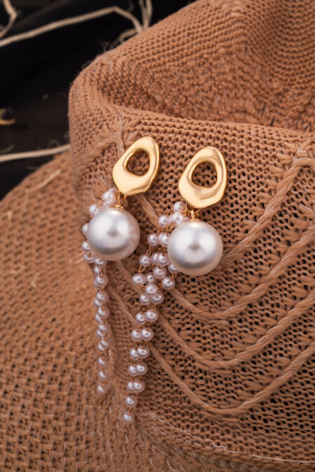 Gold-Tone Dangle Earrings with Large Pearl and Chain Tassels