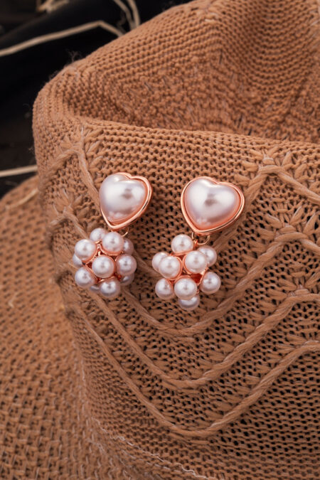 Rose Gold Heart and Pearl Cluster Drop Earrings