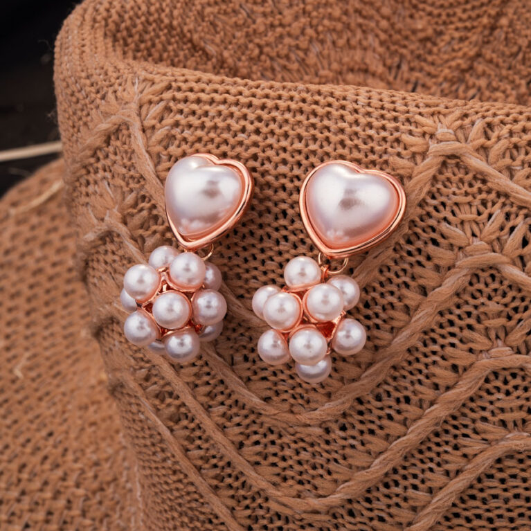 Rose Gold Heart and Pearl Cluster Drop Earrings