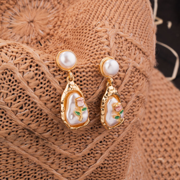 Floral Canvas Pearl Earrings