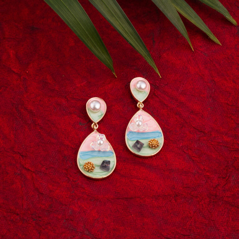 Pastel Enamel Teardrop Earrings with Pearl Stud