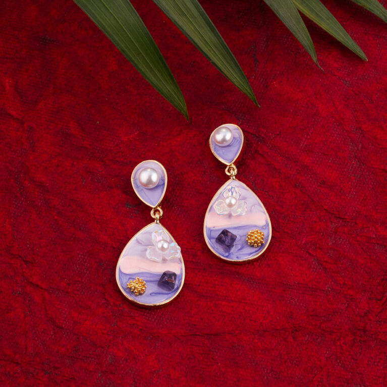 Pastel Lavender Enamel Teardrop Earrings with Pearl Stud